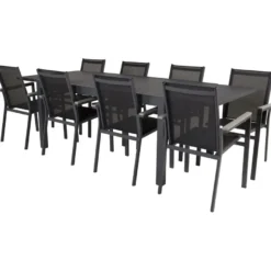 Ruokailuryhmä Venture Home,160/240x100cm jatkettava musta Marbella-pöytä + 8 mustaa, pinottavaa Parma-tuolia
