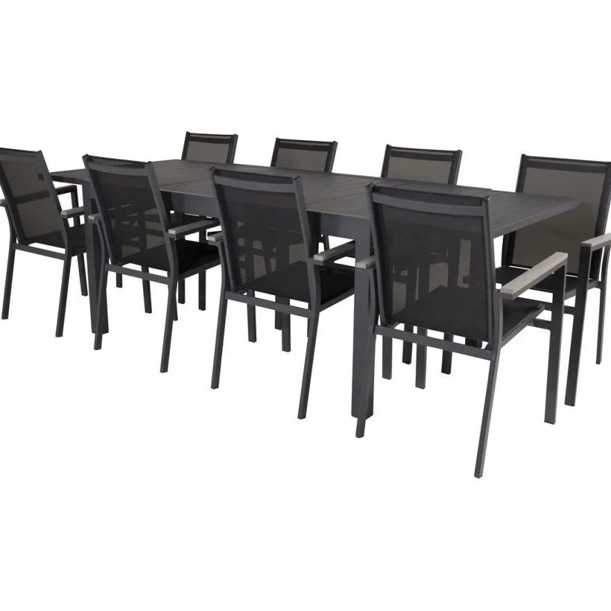Ruokailuryhmä Venture Home,160/240x100cm jatkettava musta Marbella-pöytä + 8 mustaa, pinottavaa Parma-tuolia