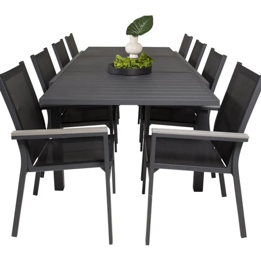 Ruokailuryhmä Venture Home,160/240x100cm jatkettava musta Marbella-pöytä + 8 mustaa, pinottavaa Parma-tuolia