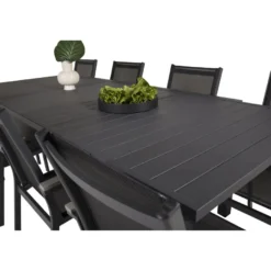 Ruokailuryhmä Venture Home,160/240x100cm jatkettava musta Marbella-pöytä + 8 mustaa, pinottavaa Parma-tuolia