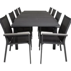 Ruokailuryhmä Venture Home,160/240x100cm jatkettava musta Marbella-pöytä + 8 mustaa, pinottavaa Parma-tuolia
