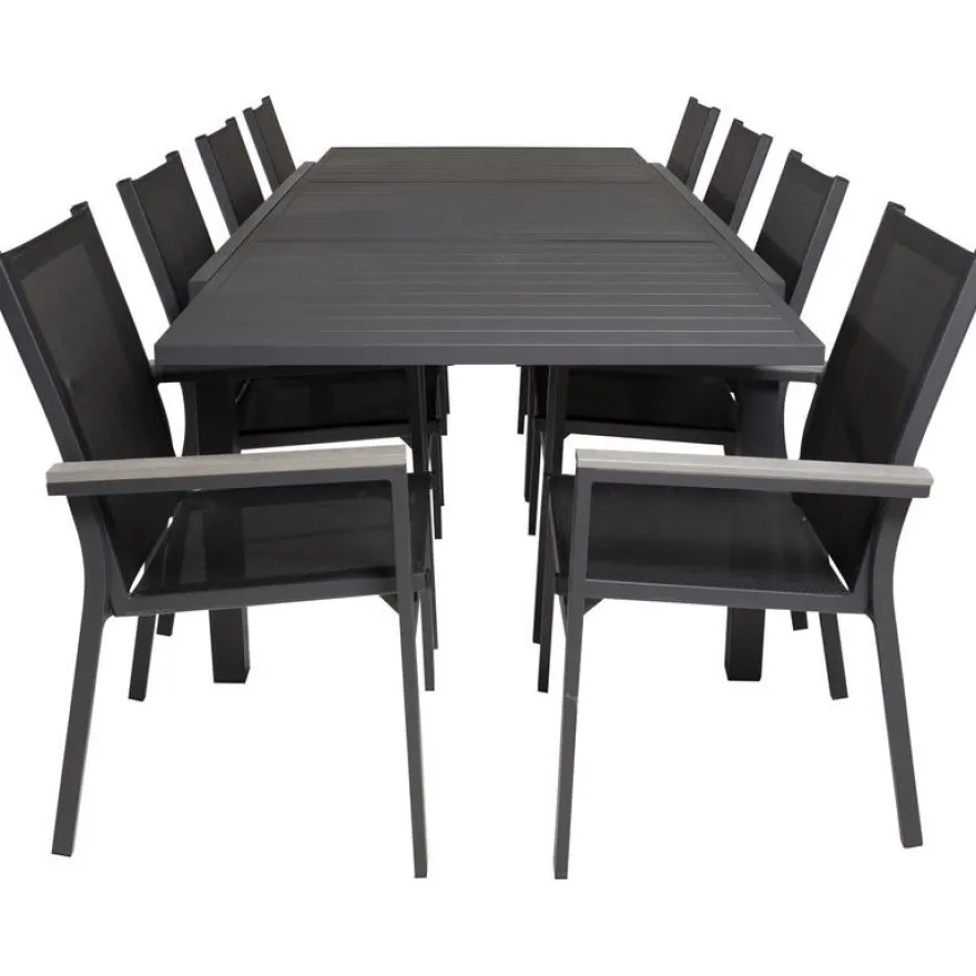 Ruokailuryhmä Venture Home,160/240x100cm jatkettava musta Marbella-pöytä + 8 mustaa, pinottavaa Parma-tuolia