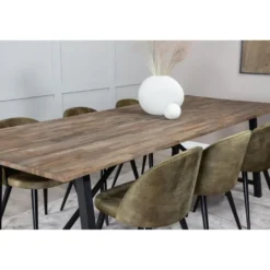 Ruokailuryhmä Venture Home, 250x100cm ruskea Malang-pöytä + 6 vihreää Velvet-tuolia, sametti