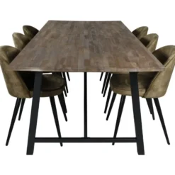 Ruokailuryhmä Venture Home, 250x100cm ruskea Malang-pöytä + 6 vihreää Velvet-tuolia, sametti
