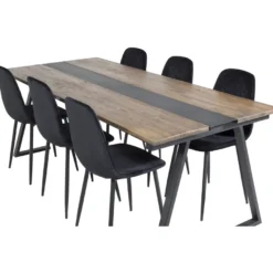 Ruokailuryhmä Venture Home, 200x90cm Jakarta-pöytä + 6 mustaa Polar Diamond -tuolia, sametti