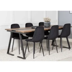 Ruokailuryhmä Venture Home, 200x90cm Jakarta-pöytä + 6 mustaa Polar Diamond -tuolia, sametti