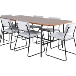 Ruokailuryhmä Venture Home, 200x90cm Uno-pöytä + 6 vaaleanharmaata Kenth-tuolia, sametti