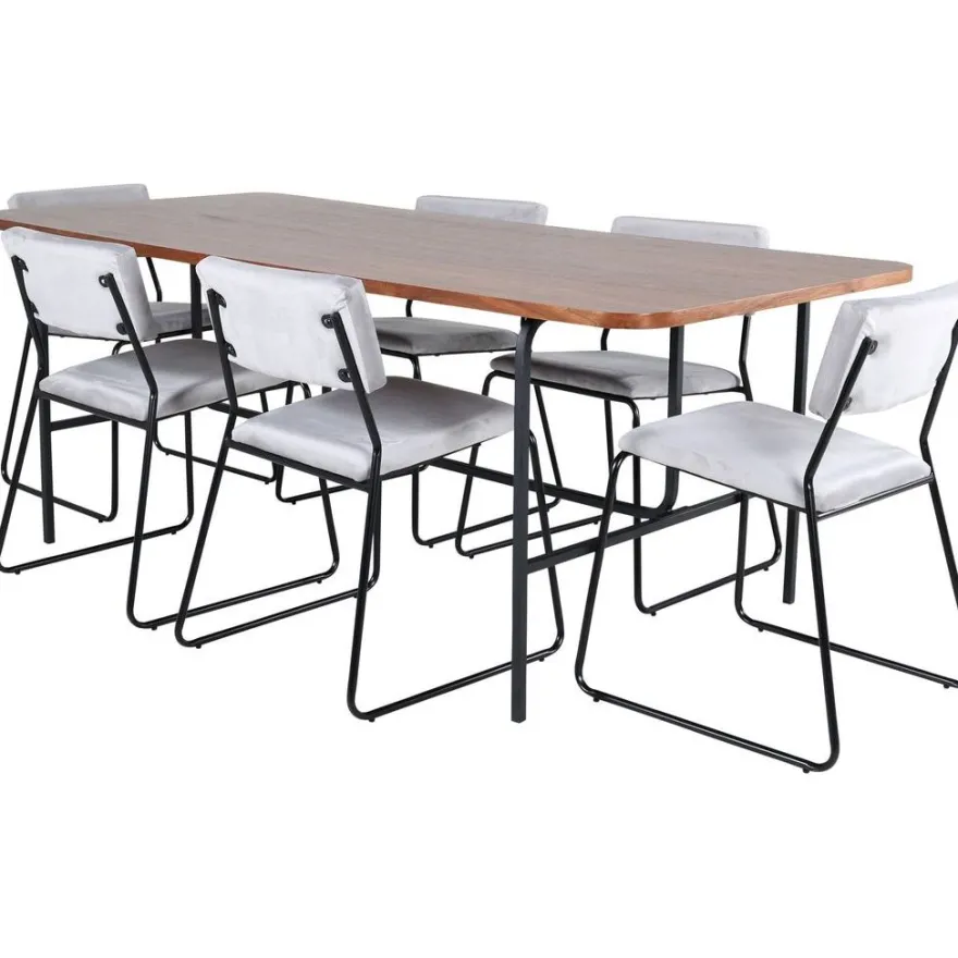 Ruokailuryhmä Venture Home, 200x90cm Uno-pöytä + 6 vaaleanharmaata Kenth-tuolia, sametti