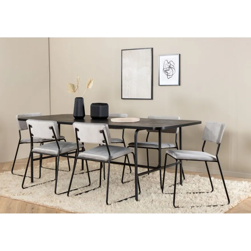 Ruokailuryhmä Venture Home, 200x90cm Uno-pöytä + 6 vaaleanharmaata Kenth-tuolia, sametti
