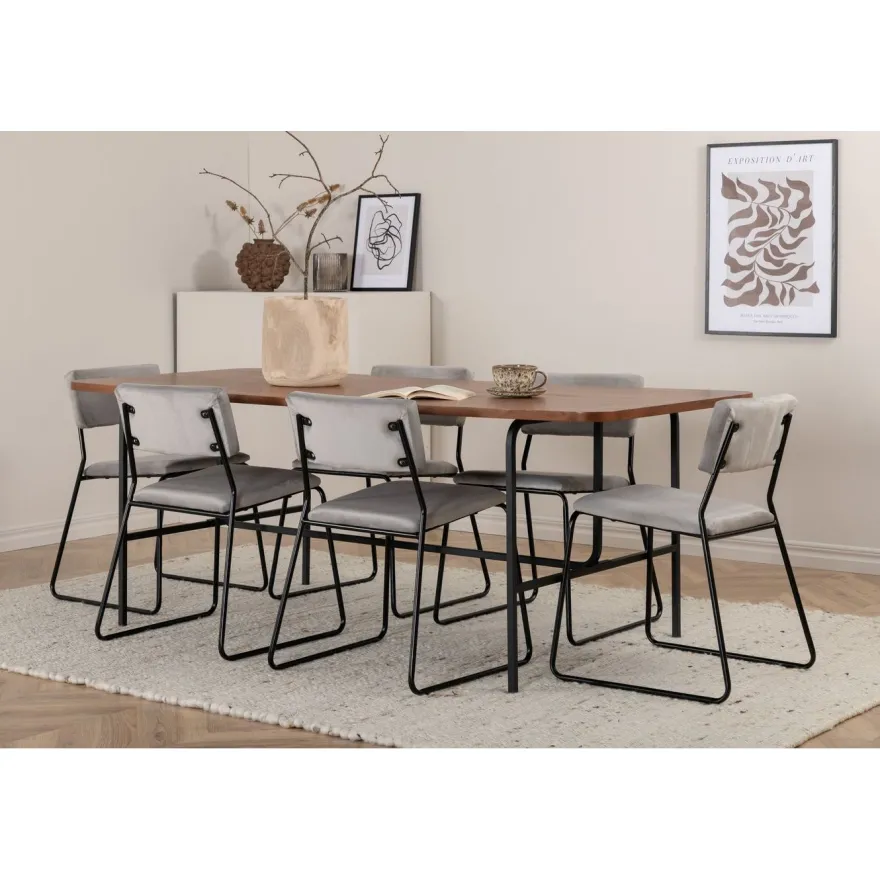 Ruokailuryhmä Venture Home, 200x90cm Uno-pöytä + 6 vaaleanharmaata Kenth-tuolia, sametti