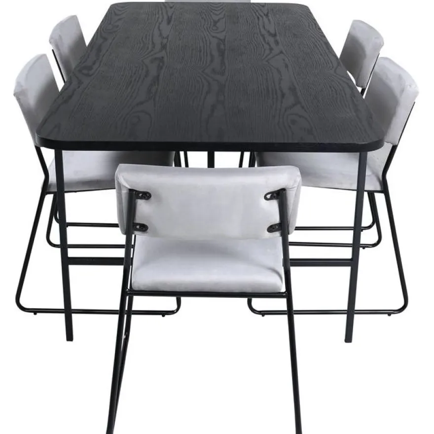 Ruokailuryhmä Venture Home, 200x90cm Uno-pöytä + 6 vaaleanharmaata Kenth-tuolia, sametti