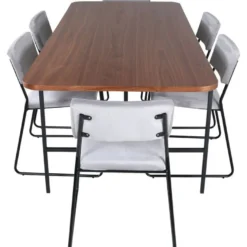 Ruokailuryhmä Venture Home, 200x90cm Uno-pöytä + 6 vaaleanharmaata Kenth-tuolia, sametti