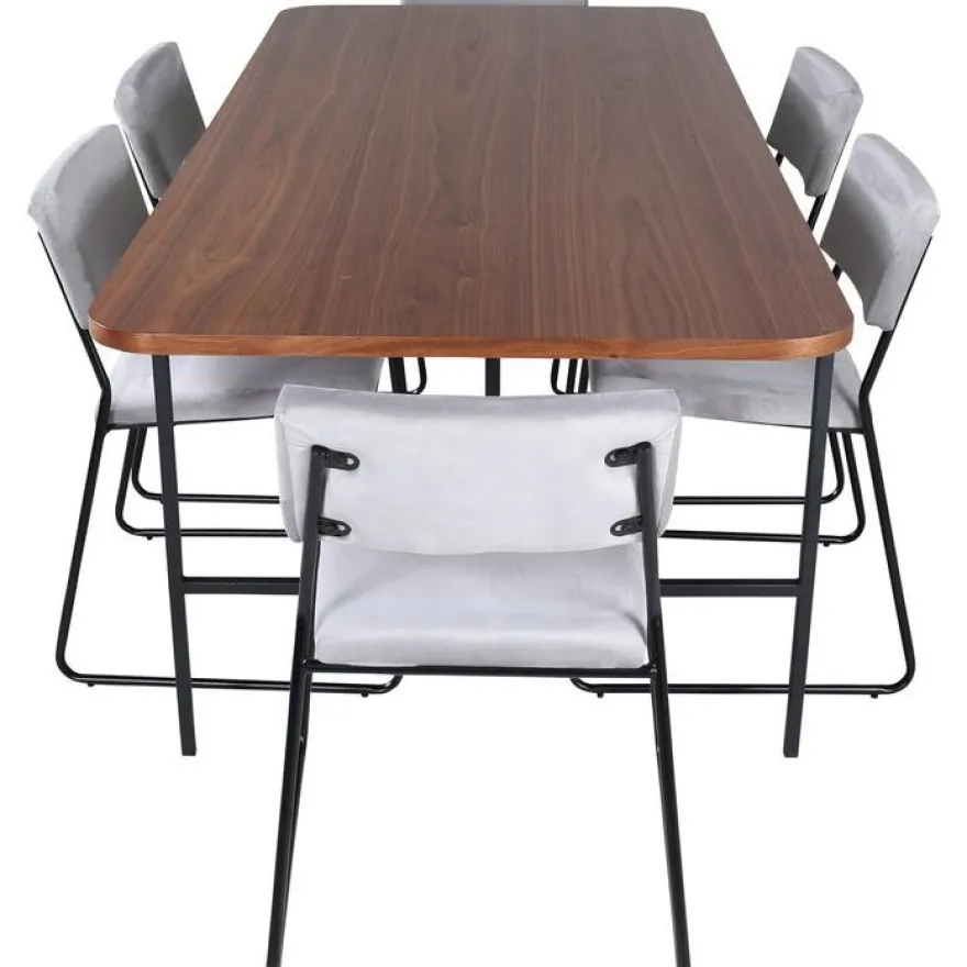 Ruokailuryhmä Venture Home, 200x90cm Uno-pöytä + 6 vaaleanharmaata Kenth-tuolia, sametti