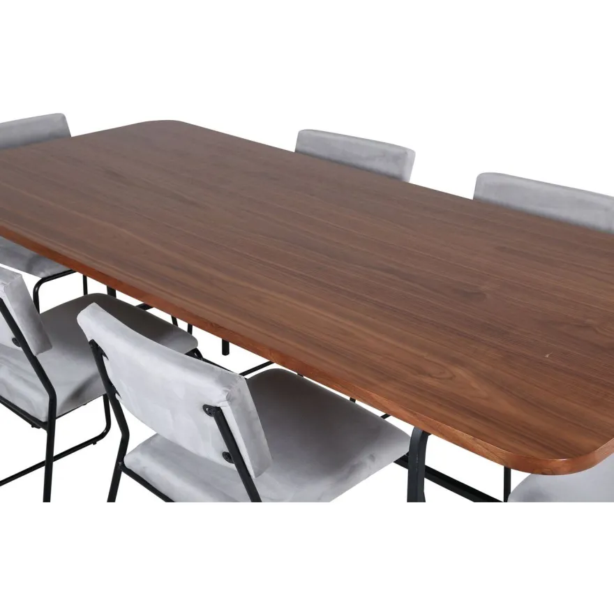 Ruokailuryhmä Venture Home, 200x90cm Uno-pöytä + 6 vaaleanharmaata Kenth-tuolia, sametti