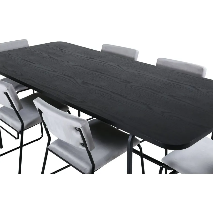 Ruokailuryhmä Venture Home, 200x90cm Uno-pöytä + 6 vaaleanharmaata Kenth-tuolia, sametti