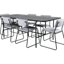 Ruokailuryhmä Venture Home, 200x90cm Uno-pöytä + 6 vaaleanharmaata Kenth-tuolia, sametti
