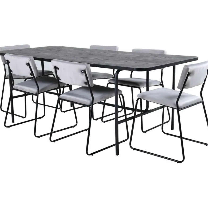 Ruokailuryhmä Venture Home, 200x90cm Uno-pöytä + 6 vaaleanharmaata Kenth-tuolia, sametti