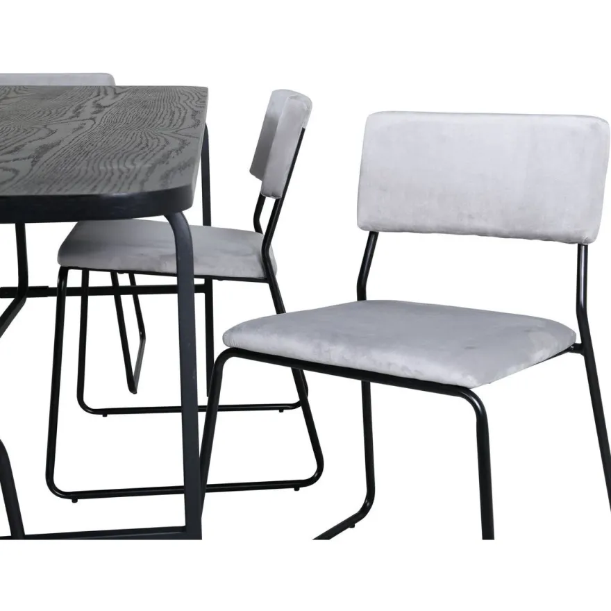 Ruokailuryhmä Venture Home, 200x90cm Uno-pöytä + 6 vaaleanharmaata Kenth-tuolia, sametti