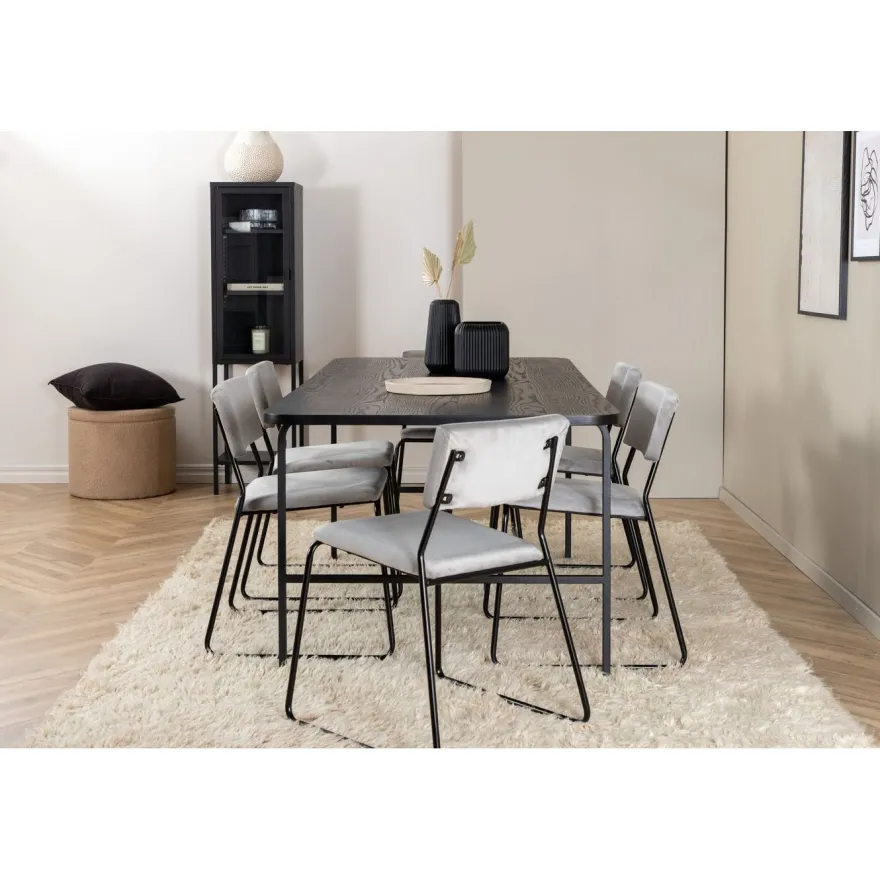 Ruokailuryhmä Venture Home, 200x90cm Uno-pöytä + 6 vaaleanharmaata Kenth-tuolia, sametti