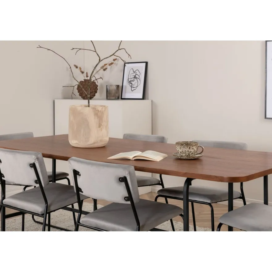 Ruokailuryhmä Venture Home, 200x90cm Uno-pöytä + 6 vaaleanharmaata Kenth-tuolia, sametti