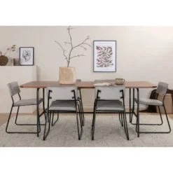 Ruokailuryhmä Venture Home, 200x90cm Uno-pöytä + 6 vaaleanharmaata Kenth-tuolia, sametti