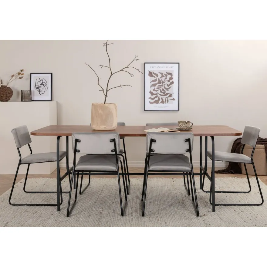 Ruokailuryhmä Venture Home, 200x90cm Uno-pöytä + 6 vaaleanharmaata Kenth-tuolia, sametti