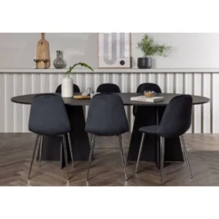 Ruokailuryhmä Venture Home, 230x115cm musta Bootcut-pöytä + 6 mustaa Polar-tuolia, sametti