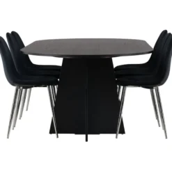 Ruokailuryhmä Venture Home, 230x115cm musta Bootcut-pöytä + 6 mustaa Polar-tuolia, sametti