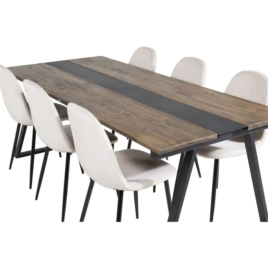 Ruokailuryhmä Venture Home, 200x90cm Jakarta-pöytä + 6 beigeä Polar-tuolia, sametti