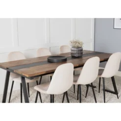 Ruokailuryhmä Venture Home, 200x90cm Jakarta-pöytä + 6 beigeä Polar-tuolia, sametti