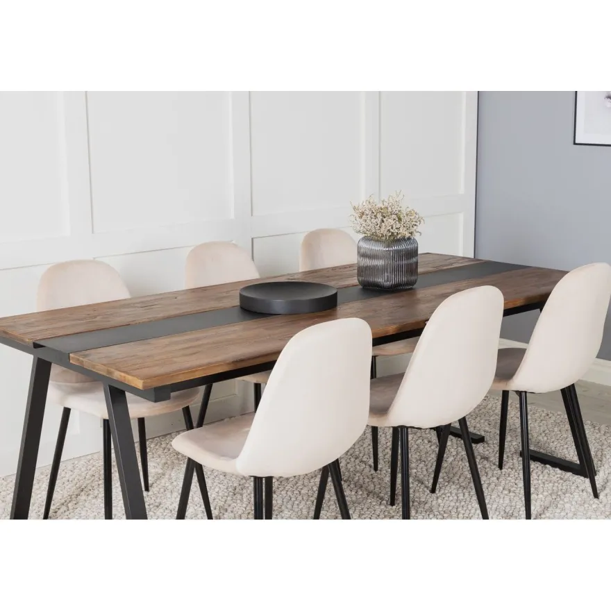 Ruokailuryhmä Venture Home, 200x90cm Jakarta-pöytä + 6 beigeä Polar-tuolia, sametti