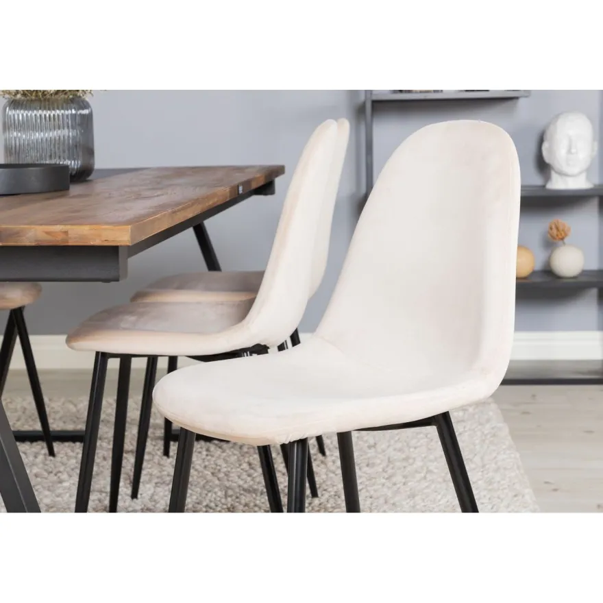 Ruokailuryhmä Venture Home, 200x90cm Jakarta-pöytä + 6 beigeä Polar-tuolia, sametti