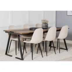 Ruokailuryhmä Venture Home, 200x90cm Jakarta-pöytä + 6 beigeä Polar-tuolia, sametti