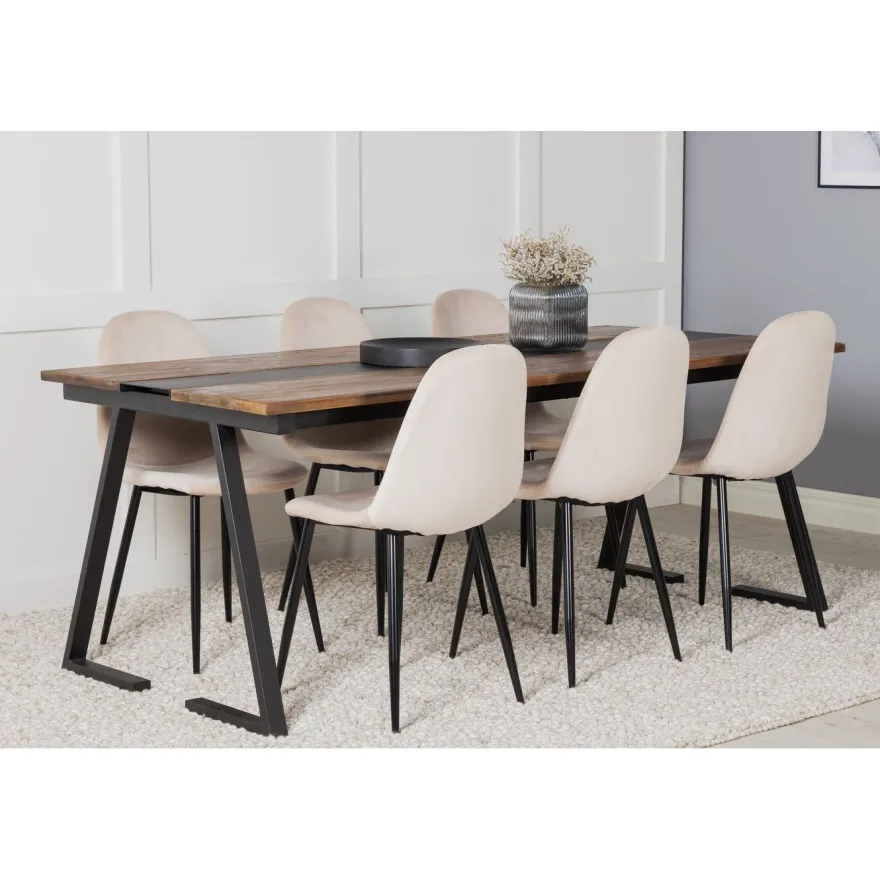 Ruokailuryhmä Venture Home, 200x90cm Jakarta-pöytä + 6 beigeä Polar-tuolia, sametti