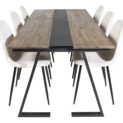 Ruokailuryhmä Venture Home, 200x90cm Jakarta-pöytä + 6 beigeä Polar-tuolia, sametti