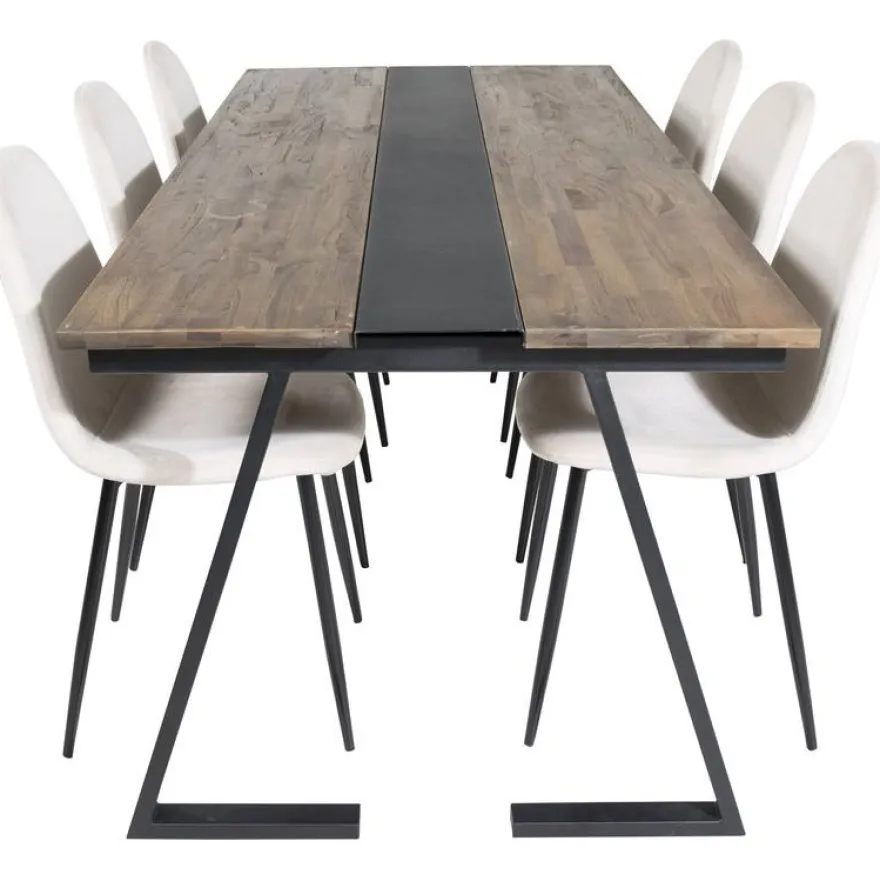 Ruokailuryhmä Venture Home, 200x90cm Jakarta-pöytä + 6 beigeä Polar-tuolia, sametti