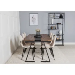 Ruokailuryhmä Venture Home, 200x90cm Jakarta-pöytä + 6 beigeä Polar-tuolia, sametti