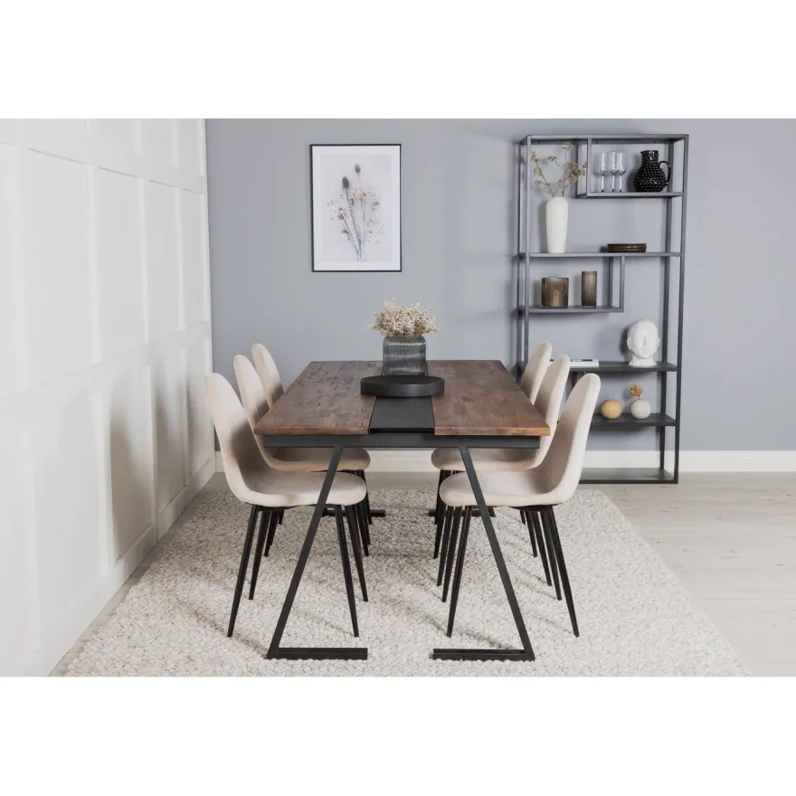 Ruokailuryhmä Venture Home, 200x90cm Jakarta-pöytä + 6 beigeä Polar-tuolia, sametti