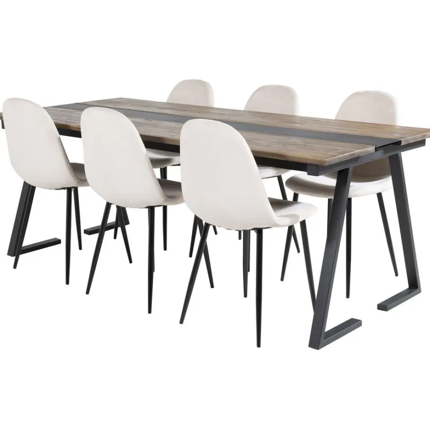 Ruokailuryhmä Venture Home, 200x90cm Jakarta-pöytä + 6 beigeä Polar-tuolia, sametti