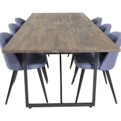Ruokailuryhmä Venture Home, 250x100cm ruskea Padang-pöytä + 6 sinistä Velvet-tuolia