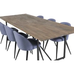 Ruokailuryhmä Venture Home, 250x100cm ruskea Padang-pöytä + 6 sinistä Velvet-tuolia