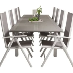 Ruokailuryhmä Venture Home, 224/324x100cm jatkettava harmaa/valkoinen Albany-pöytä + 8 harmaa/valkoista Break-säätötuolia