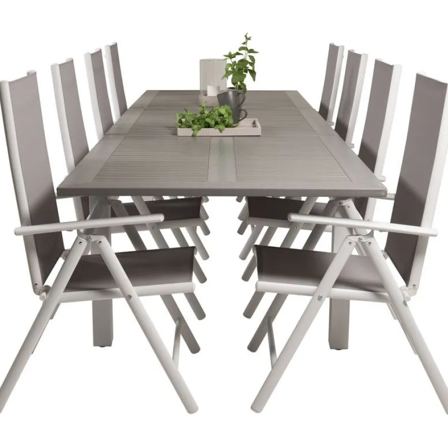 Ruokailuryhmä Venture Home, 224/324x100cm jatkettava harmaa/valkoinen Albany-pöytä + 8 harmaa/valkoista Break-säätötuolia