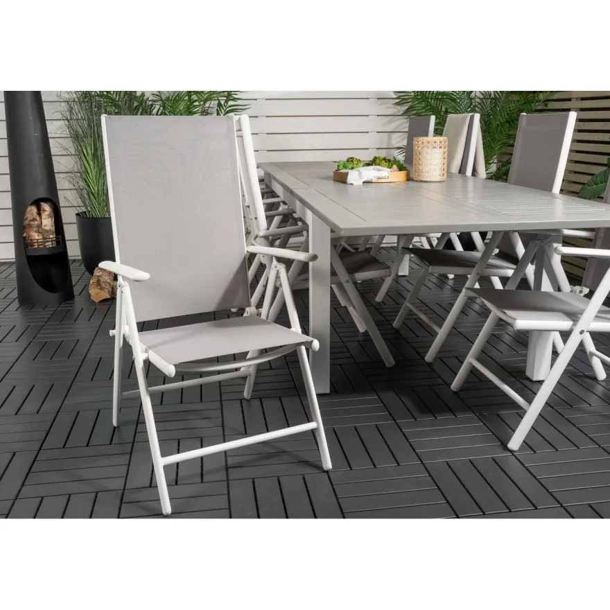 Ruokailuryhmä Venture Home, 224/324x100cm jatkettava harmaa/valkoinen Albany-pöytä + 8 harmaa/valkoista Break-säätötuolia
