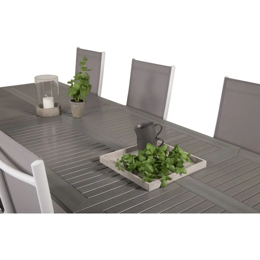 Ruokailuryhmä Venture Home, 224/324x100cm jatkettava harmaa/valkoinen Albany-pöytä + 8 harmaa/valkoista Break-säätötuolia