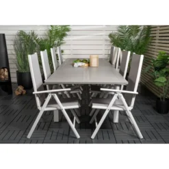 Ruokailuryhmä Venture Home, 224/324x100cm jatkettava harmaa/valkoinen Albany-pöytä + 8 harmaa/valkoista Break-säätötuolia