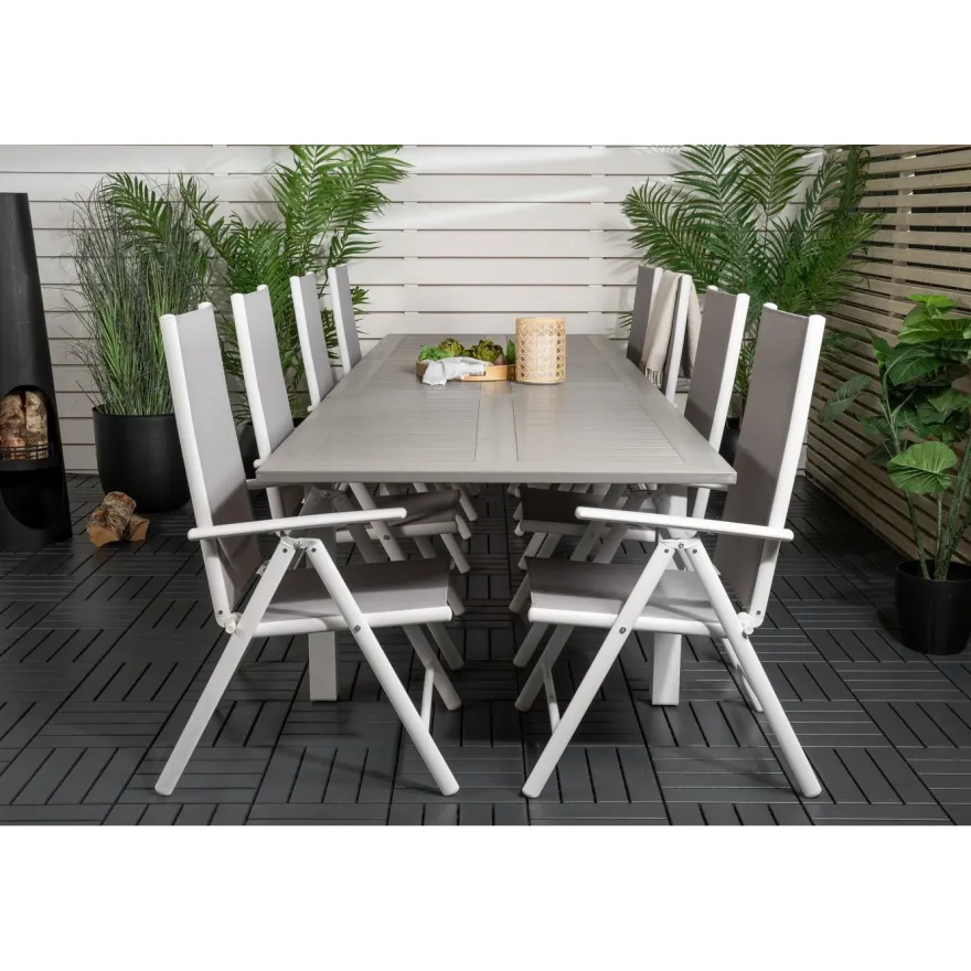 Ruokailuryhmä Venture Home, 224/324x100cm jatkettava harmaa/valkoinen Albany-pöytä + 8 harmaa/valkoista Break-säätötuolia