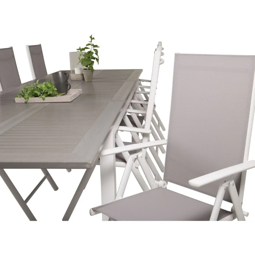 Ruokailuryhmä Venture Home, 224/324x100cm jatkettava harmaa/valkoinen Albany-pöytä + 8 harmaa/valkoista Break-säätötuolia
