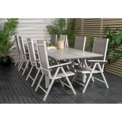 Ruokailuryhmä Venture Home, 224/324x100cm jatkettava harmaa/valkoinen Albany-pöytä + 8 harmaa/valkoista Break-säätötuolia