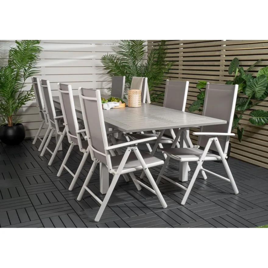 Ruokailuryhmä Venture Home, 224/324x100cm jatkettava harmaa/valkoinen Albany-pöytä + 8 harmaa/valkoista Break-säätötuolia